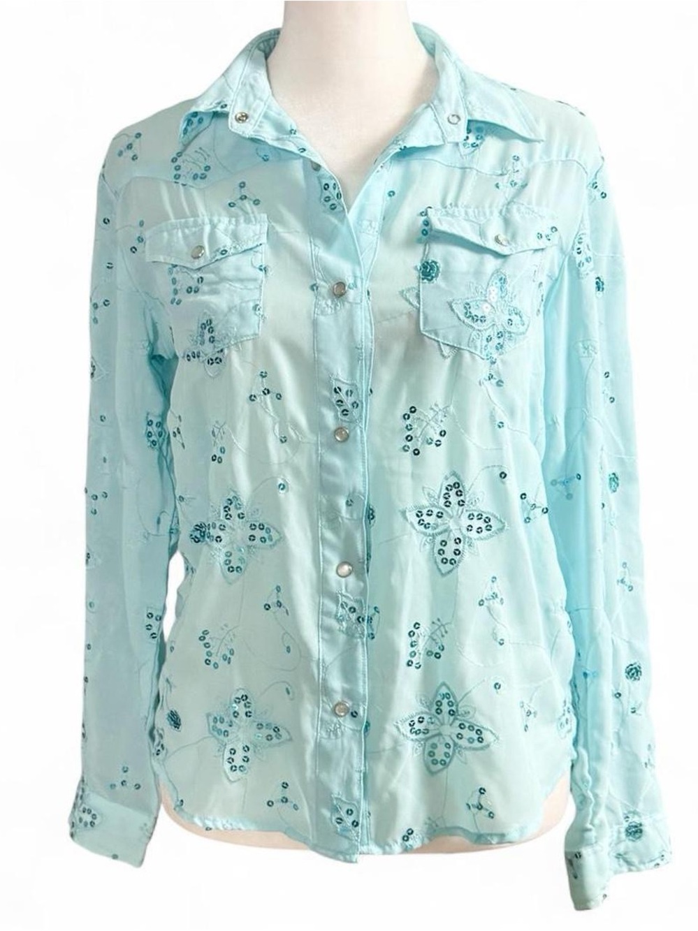 Roper Western Sequin Embroidered Snap Button Shirt XL 14 Aqua Blue